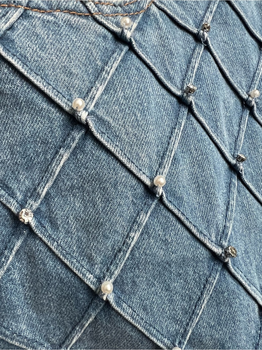 Alice + Olivia Light Blue Pearl-Embellished Quilted Denim Mini Skirt - Picture 4 of 5
